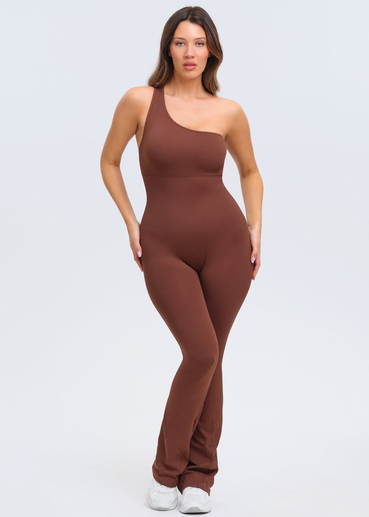 SnatchedKnit One-Shoulder Flare Jumpsuit