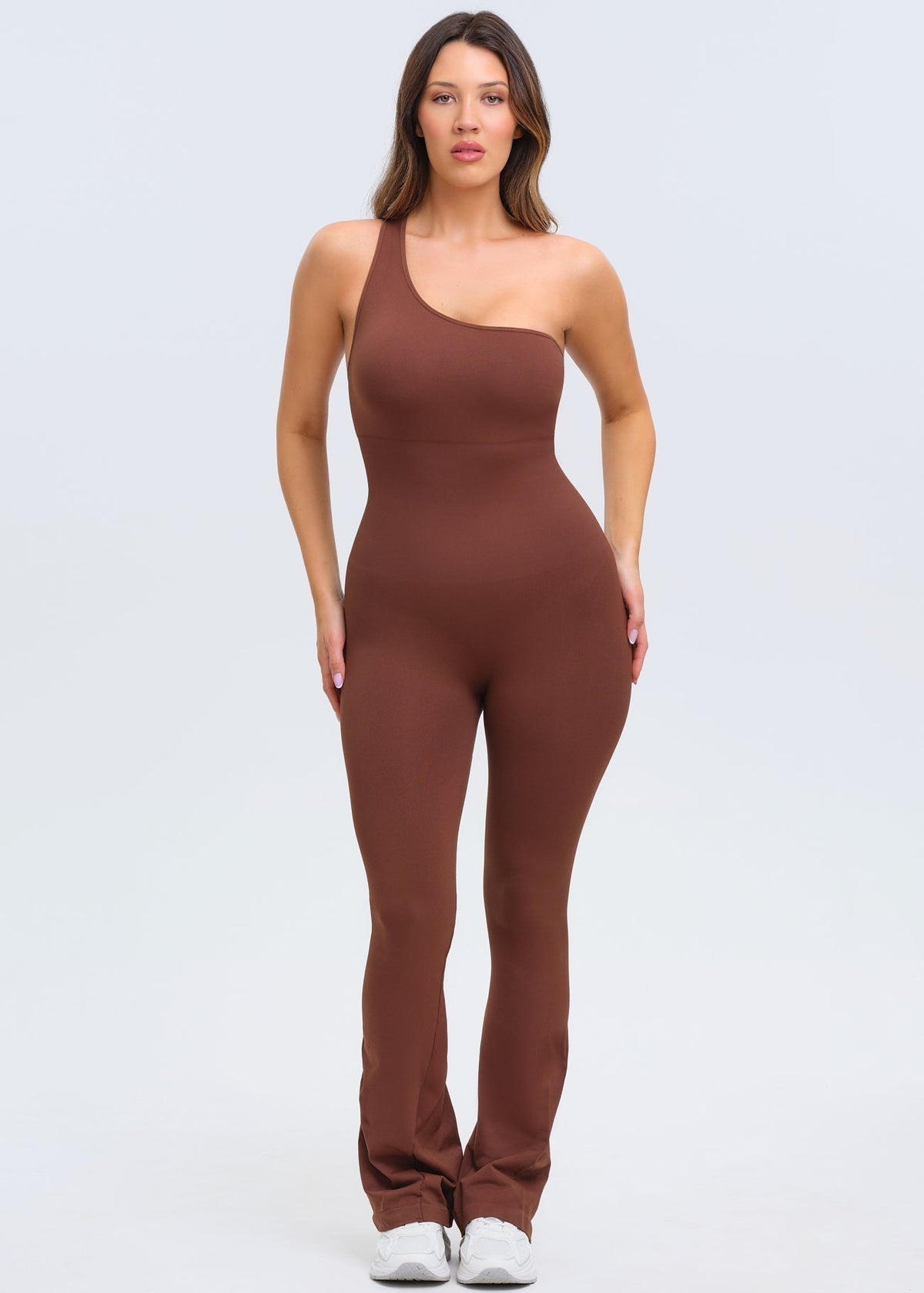 SnatchedKnit One-Shoulder Flare Jumpsuit